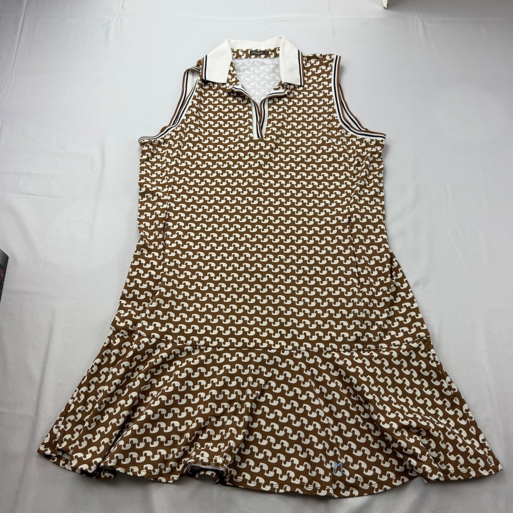 J.McLaughlin Dress Women XL Brown Geometric Sleeveless Polo Golf Mini Ruffle Hem